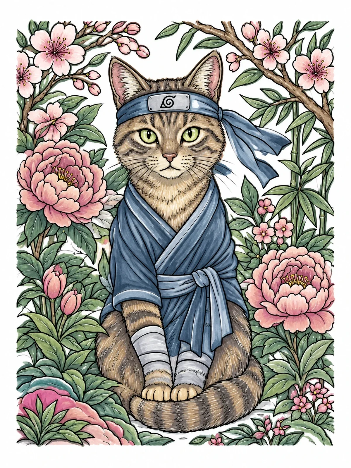 Colored example of the Ninja Cat In Floral Garden coloring page