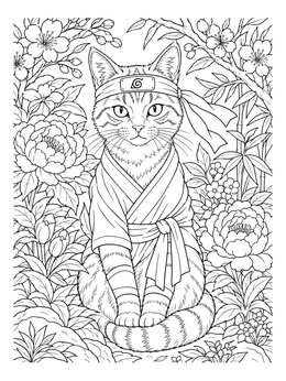 Free printable Ninja Cat In Floral Garden coloring page