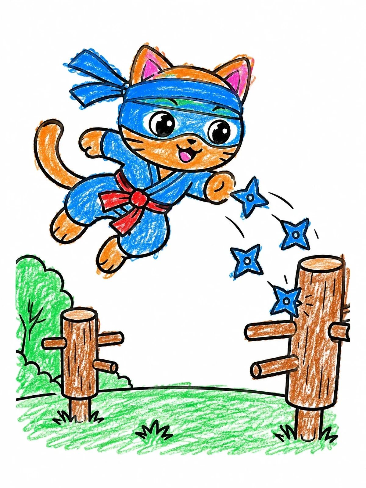 Colored example of the Ninja Cat Jumping And Throwing Stars coloring page