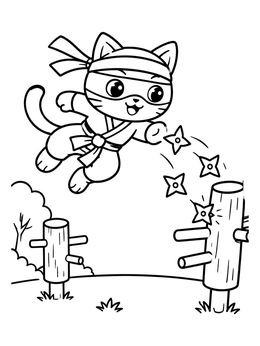 Free printable Ninja Cat Jumping And Throwing Stars coloring page