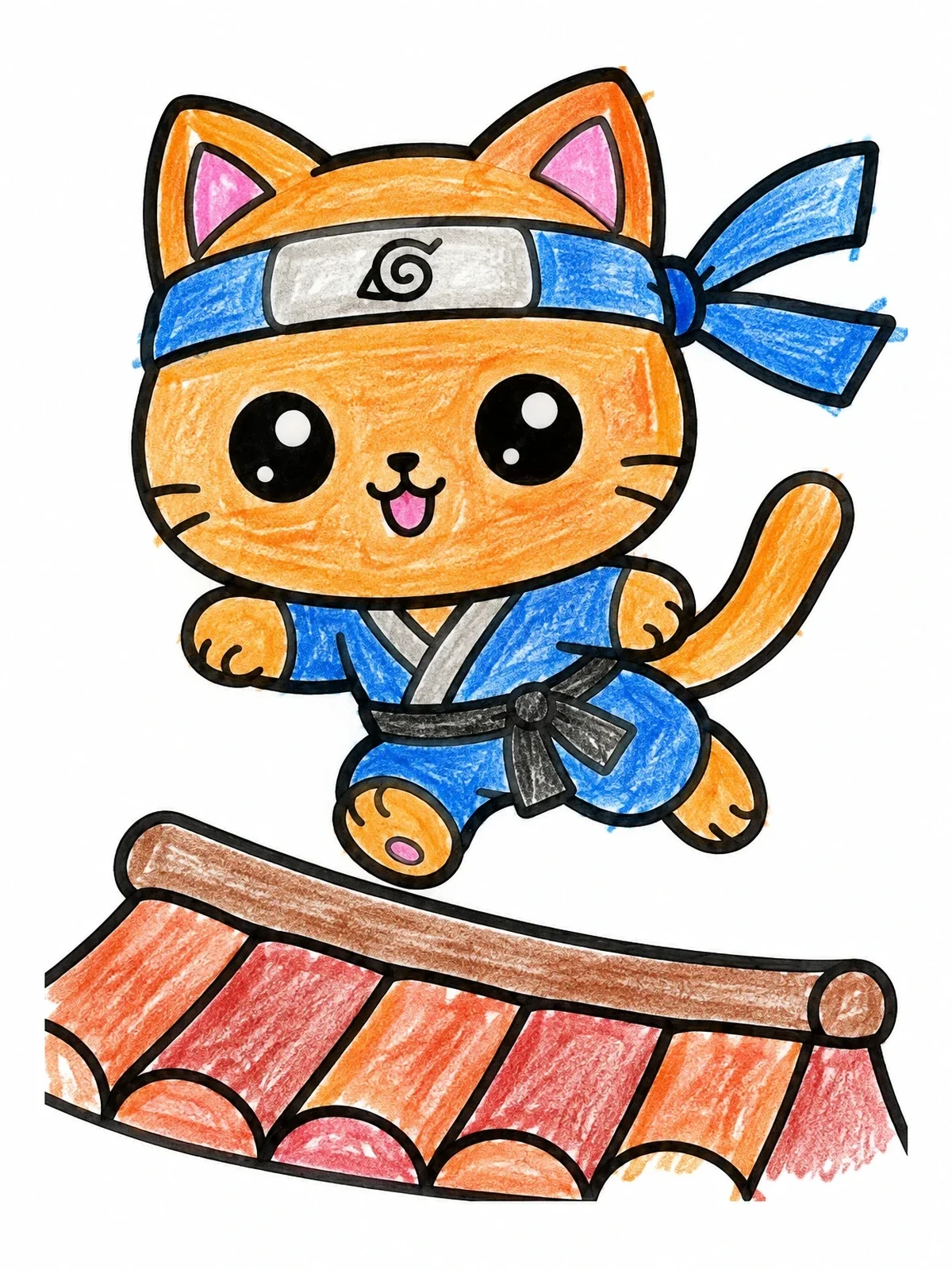 Colored example of the Ninja Cat Leaping Over Rooftop coloring page