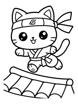 Free printable Ninja Cat Leaping Over Rooftop coloring page