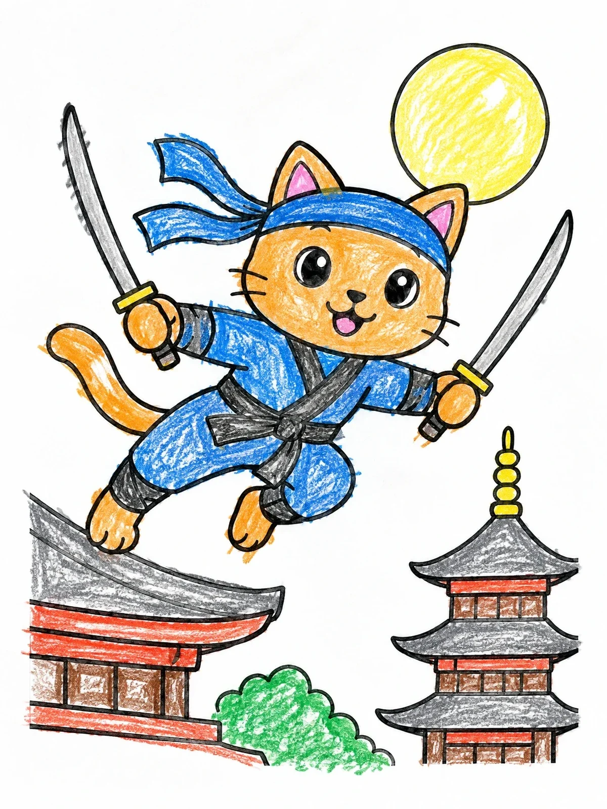 Colored example of the Ninja Cat Leaping Over Rooftops coloring page