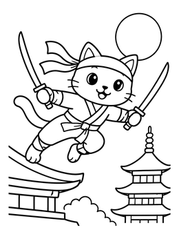 Free printable Ninja Cat Leaping Over Rooftops coloring page