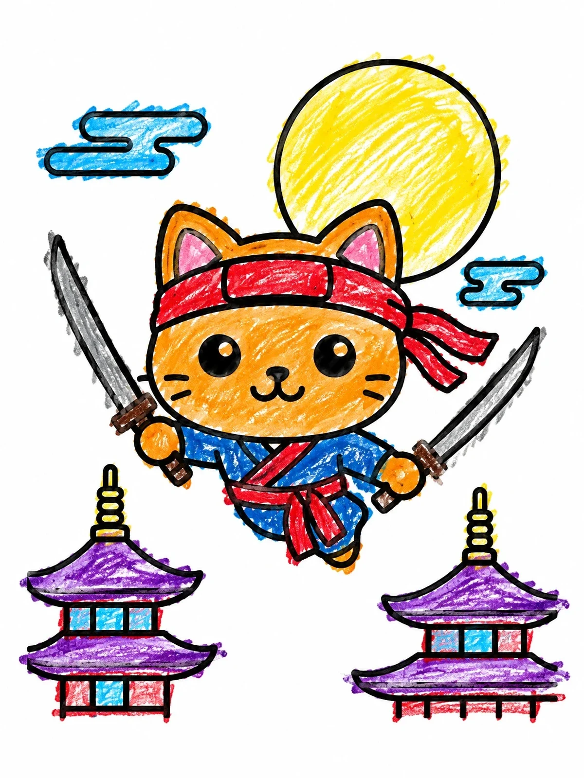 Colored example of the Ninja Cat Leaping Over Pagodas coloring page