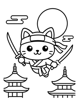 Free printable Ninja Cat Leaping Over Pagodas coloring page