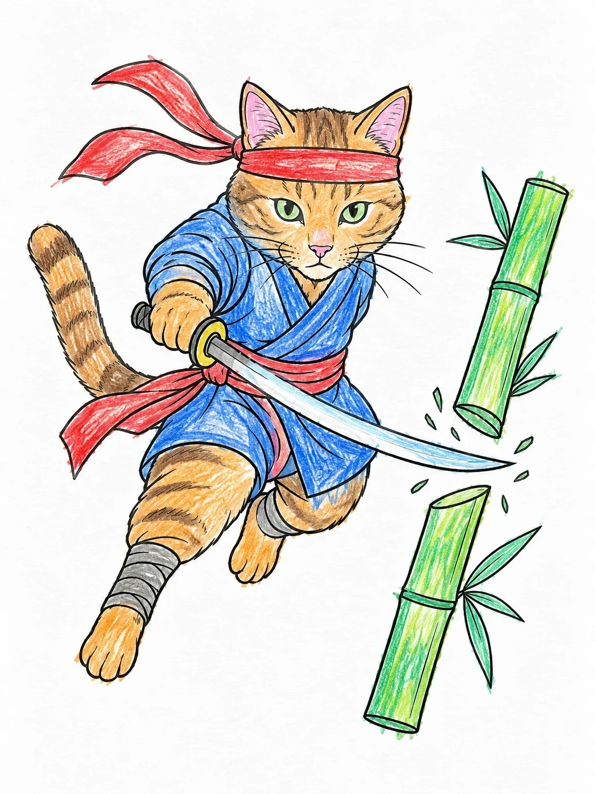 Colored example of the Ninja Cat Slicing Bamboo coloring page