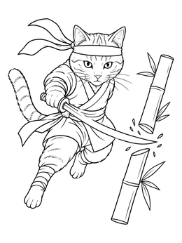 Free printable Ninja Cat Slicing Bamboo coloring page