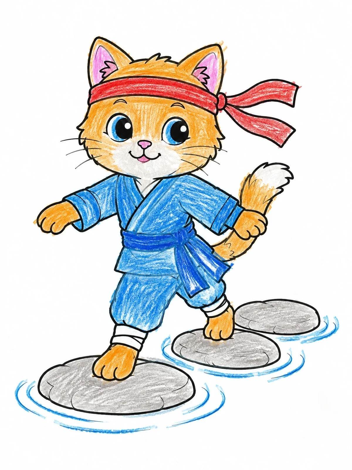 Colored example of the Ninja Cat On Stepping Stones coloring page