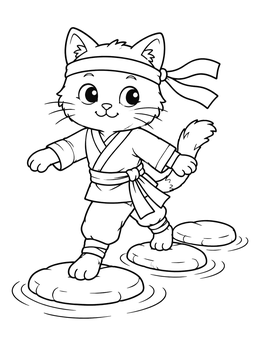 Free printable Ninja Cat On Stepping Stones coloring page