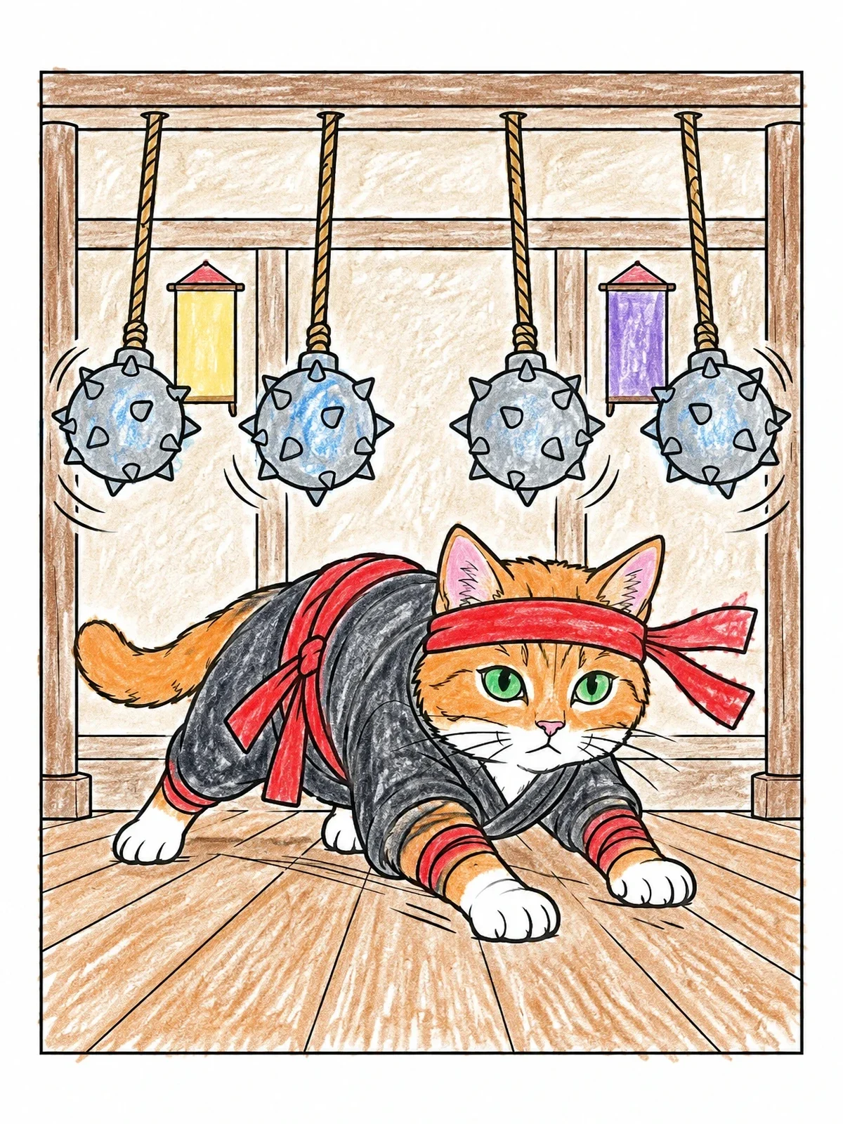 Colored example of the Ninja Cat In Training Dojo coloring page