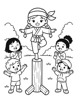 Free printable Little Ninja Girl Balancing On Post coloring page