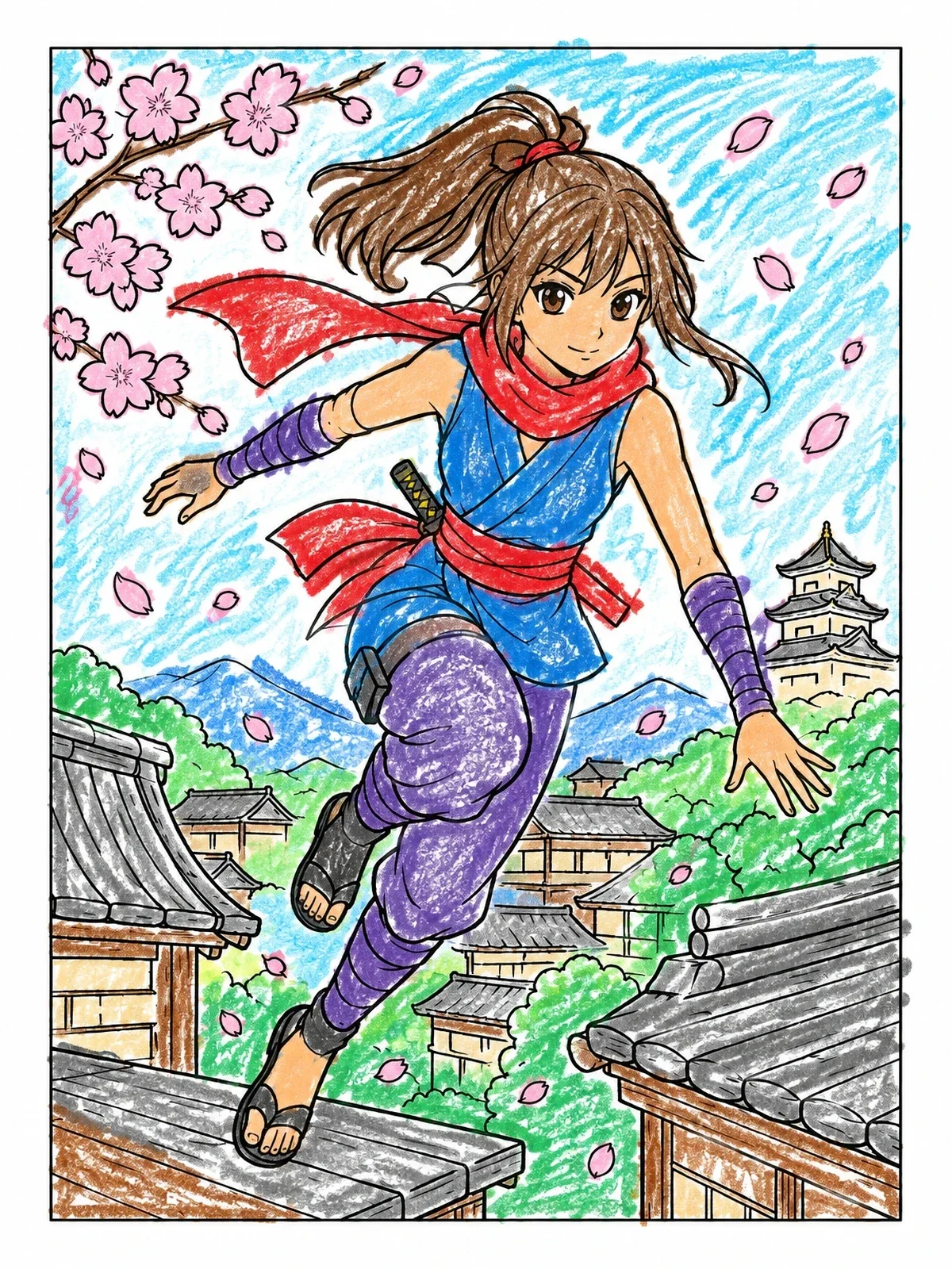 Colored example of the Ninja Girl Leaping Across Rooftops coloring page