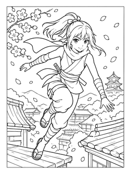 An anime ninja girl leaps across rooftops surrounded by falling blossoms on this sakura coloring page.
