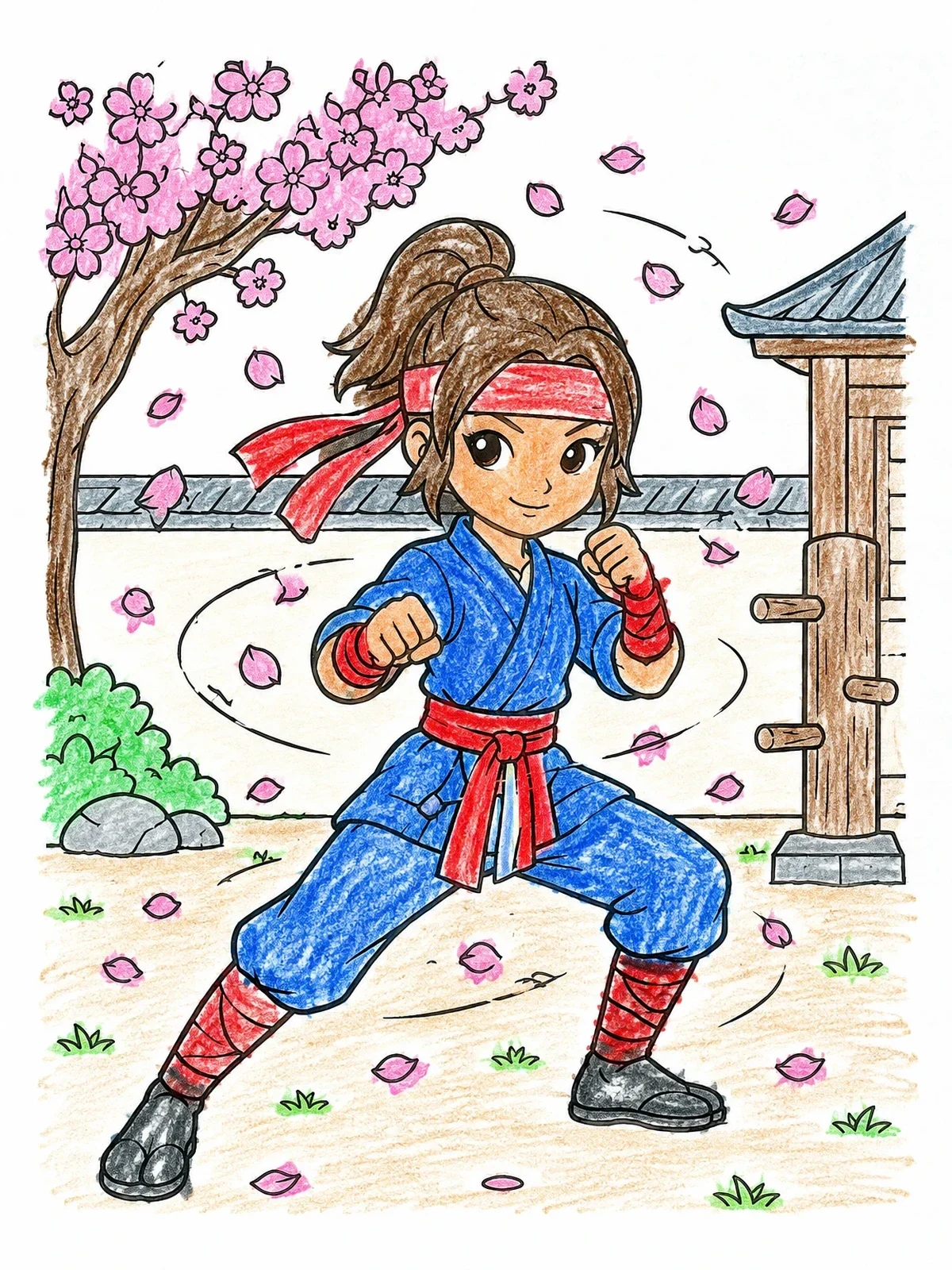 Colored example of the Ninja Girl Training Under Cherry Blossoms coloring page