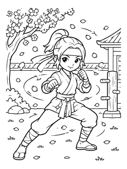 Free printable Ninja Girl Training Under Cherry Blossoms coloring page