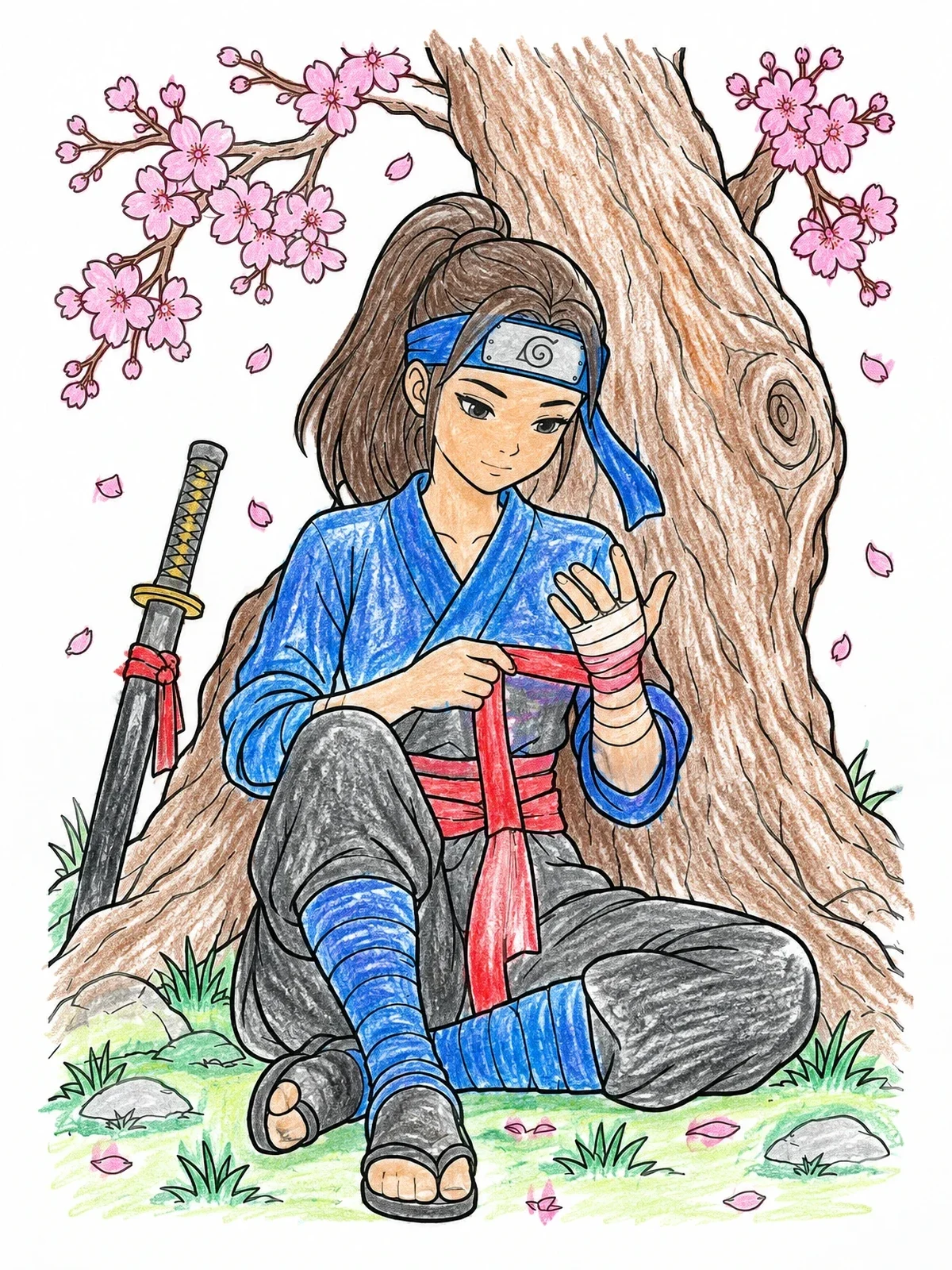Colored example of the Ninja Girl Resting By Sakura Tree coloring page
