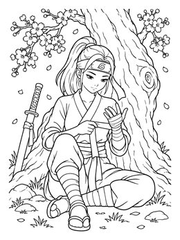 Anime ninja warrior resting under a blossoming tree on this sakura coloring page.