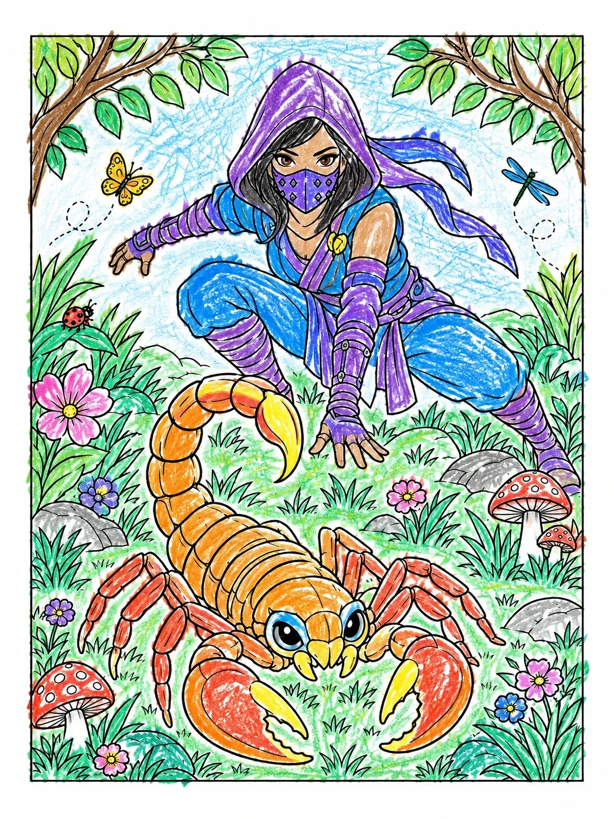 Colored example of the Ninja Hero With Cute Giant Scorpion coloring page