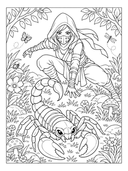 Free printable Ninja Hero With Cute Giant Scorpion coloring page