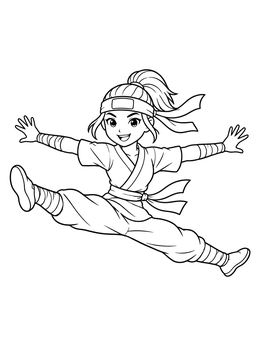 A cheerful young martial artist leaps in this ninja coloring page.