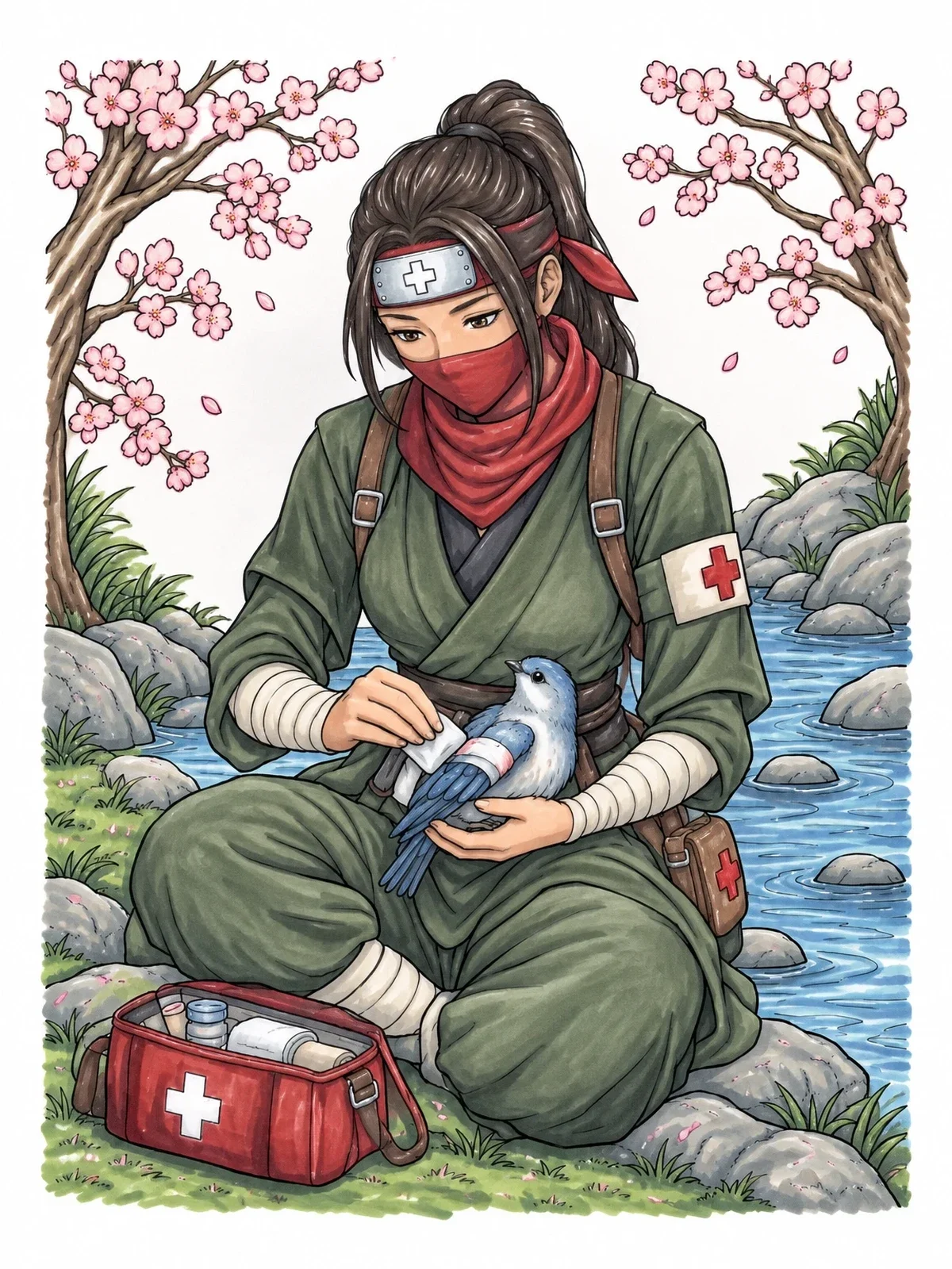Colored example of the Ninja Medic Tending To A Bird Under Cherry Blossoms coloring page