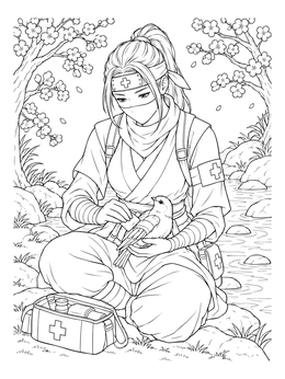 A ninja medic heals a small bird by a stream in this detailed sakura coloring page.