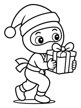 A cute ninja coloring page showing a character in a Santa hat sneaking with a gift.