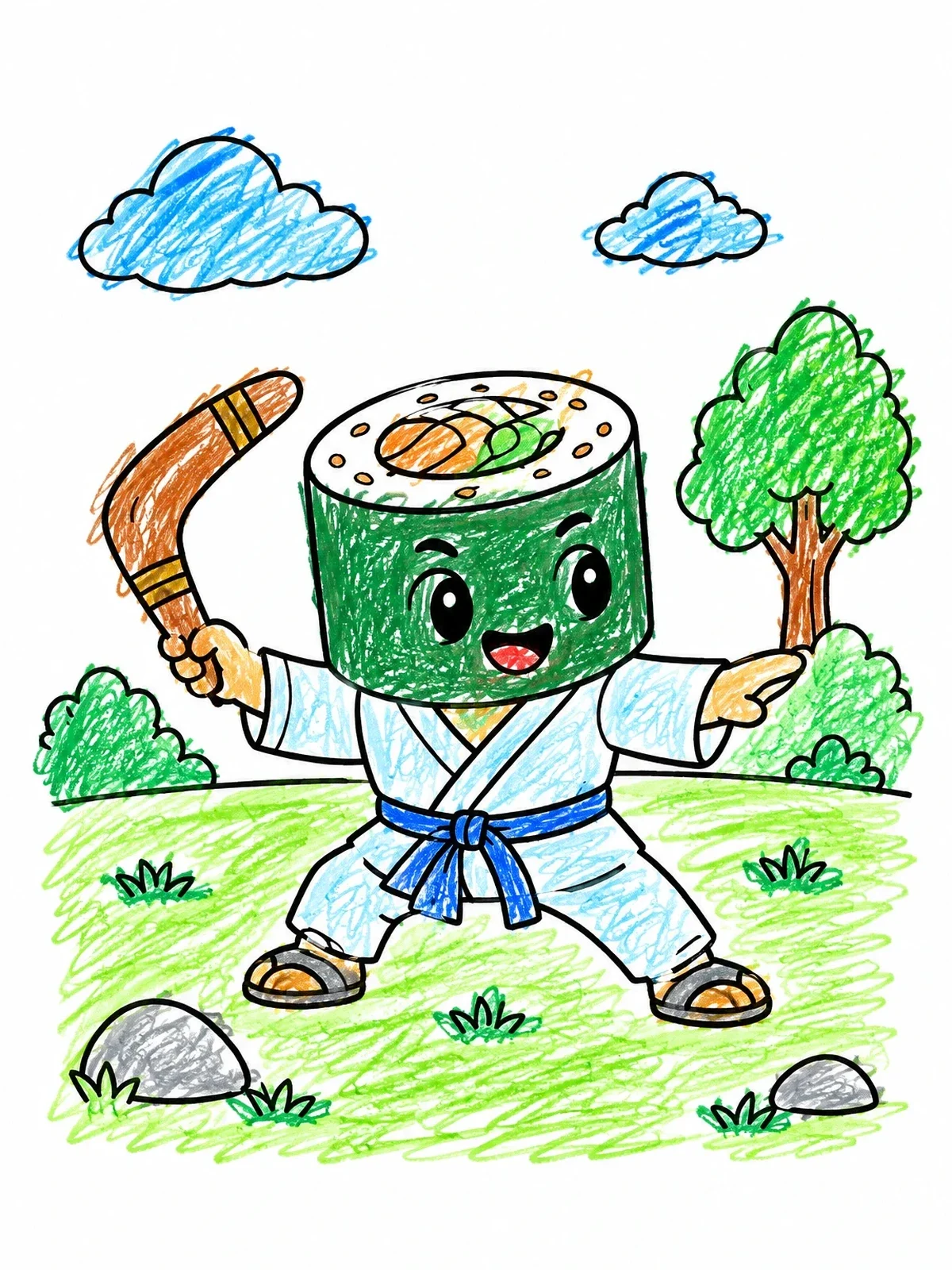 Colored example of the Ninja Sushi Throwing A Boomerang coloring page