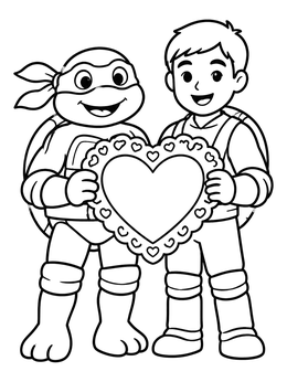 Free printable Ninja Turtle And Boy Holding Valentine Heart coloring page