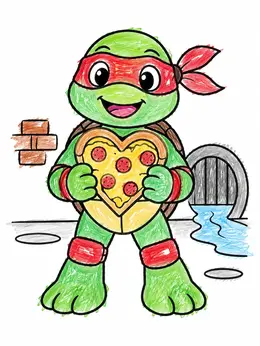 Ninja Turtle With Heart Pizza – Turtle Valentine Coloring Page