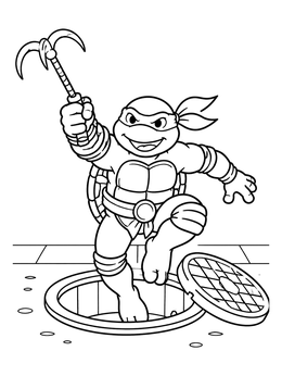 A ninja coloring page showing a brave turtle leaping from a manhole with a grappling hook.