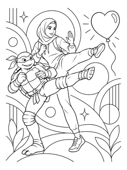 A hero turtle and martial artist train together on this turtle valentine coloring page.