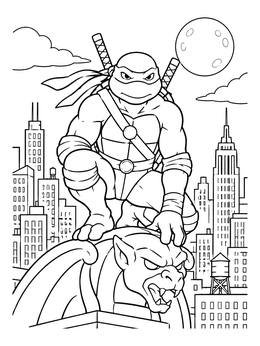 A heroic mutant ninja coloring page featuring a turtle crouching on a city rooftop gargoyle.