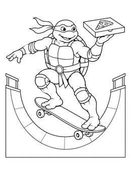 A ninja coloring page showing a turtle hero riding a skateboard on a halfpipe holding a pizza box.