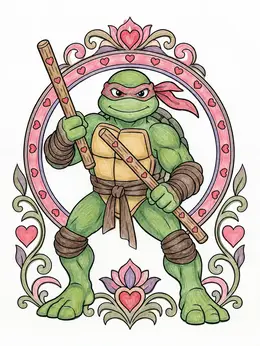Ninja Turtle With Valentine Heart Batons – Turtle Valentine Coloring Page
