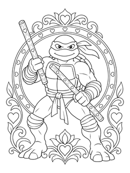 A heroic warrior in this turtle valentine coloring page framed by ornamental hearts.