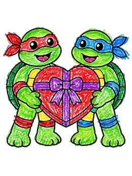 Ninja Turtles With Heart Gift – Turtle Valentine Coloring Page