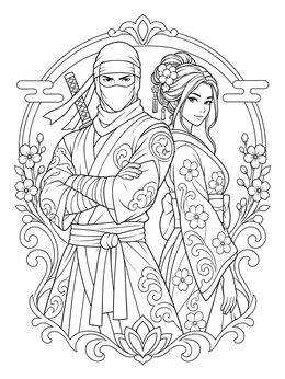 A masked ninja standing beside a woman in kimono inside a ninja coloring page frame.
