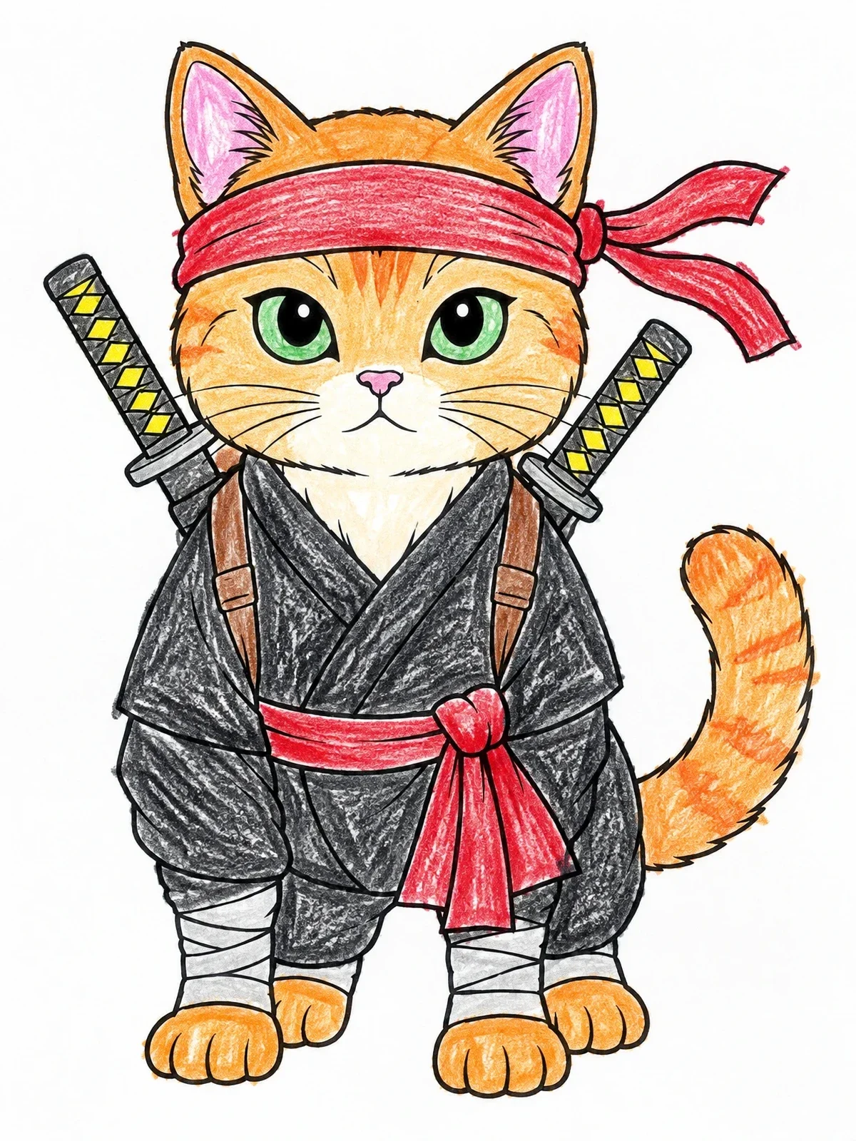 Colored example of the Brave Ninja Cat Warrior coloring page
