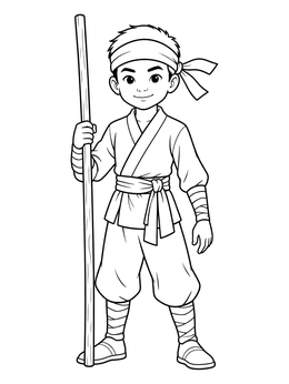 A young hero in traditional robes holding a bo staff on this ninja coloring page.