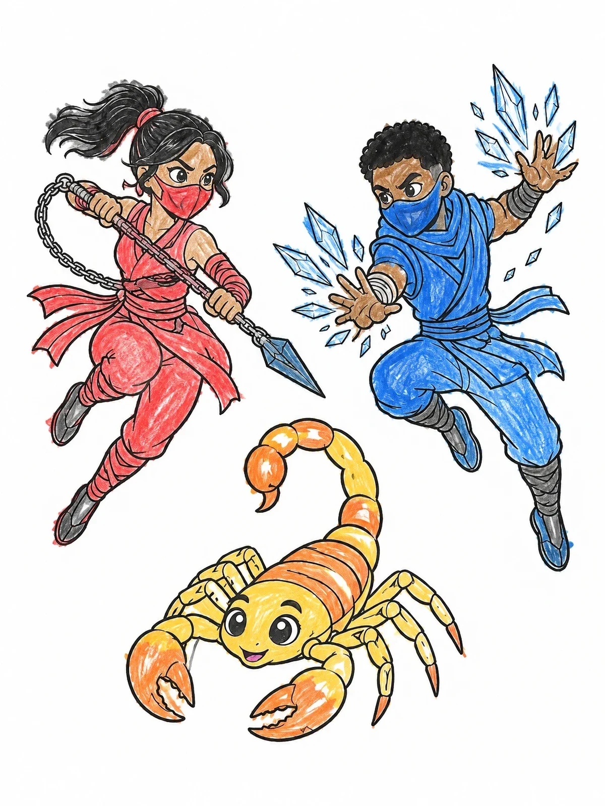 Colored example of the Ninjas Clashing Above Friendly Scorpion coloring page