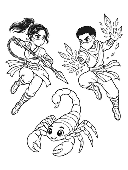 Free printable Ninjas Clashing Above Friendly Scorpion coloring page
