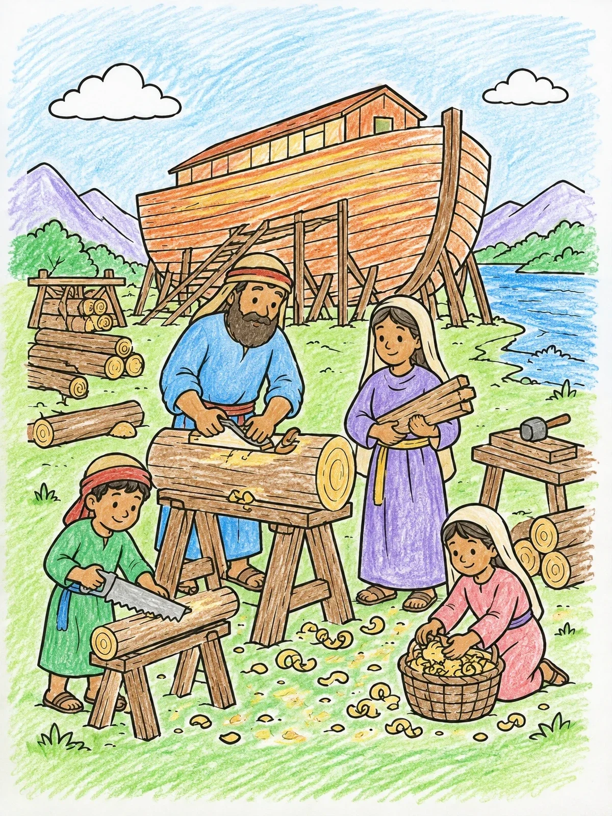Colored example of the Noah And Family Building The Ark coloring page