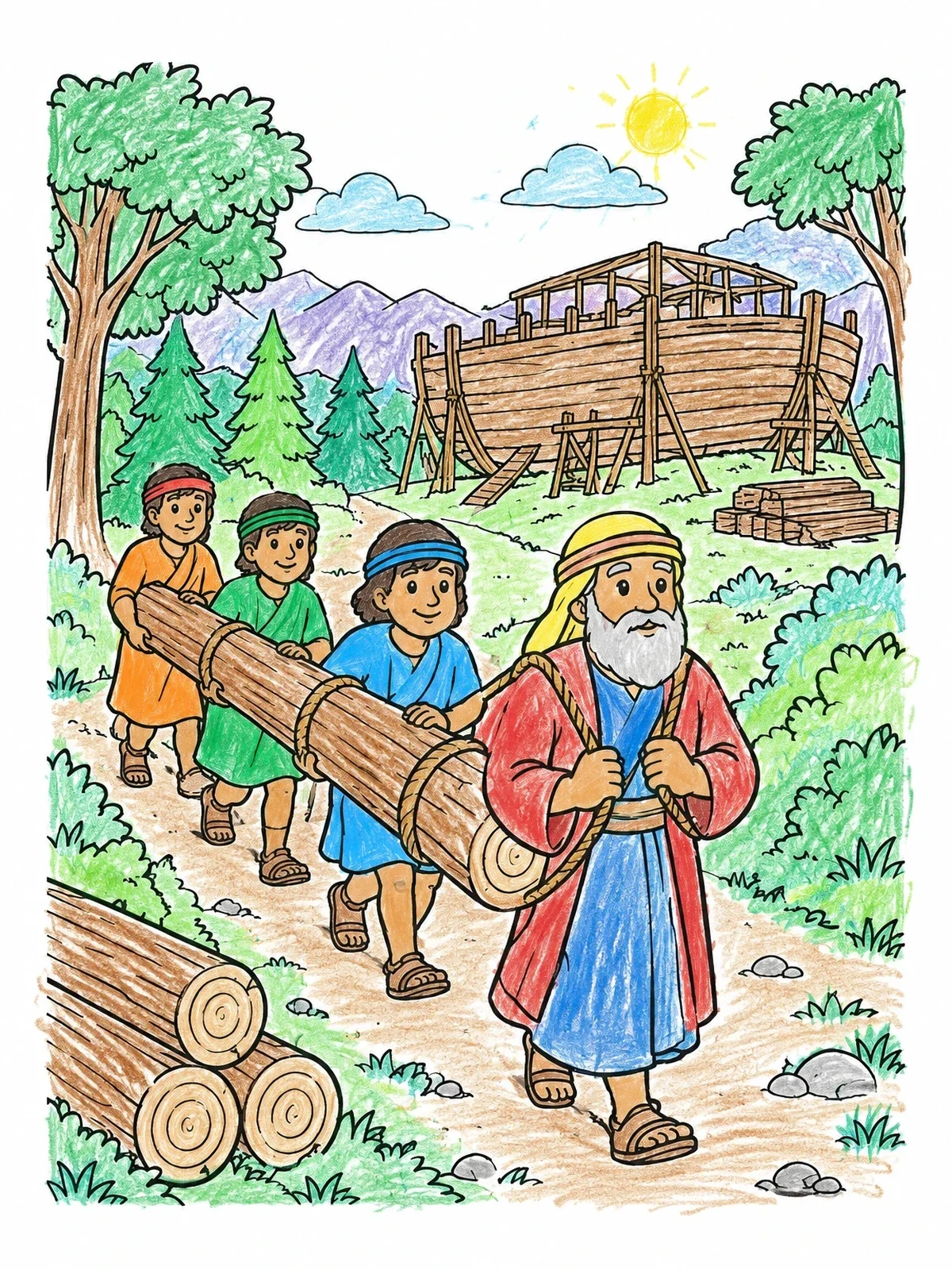 Colored example of the Noah And Sons Building The Ark coloring page