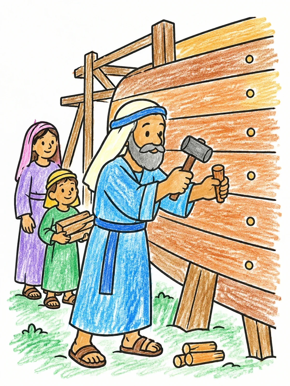 Colored example of the Noah Building The Ark With Family coloring page