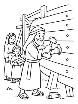 Free printable Noah Building The Ark With Family coloring page