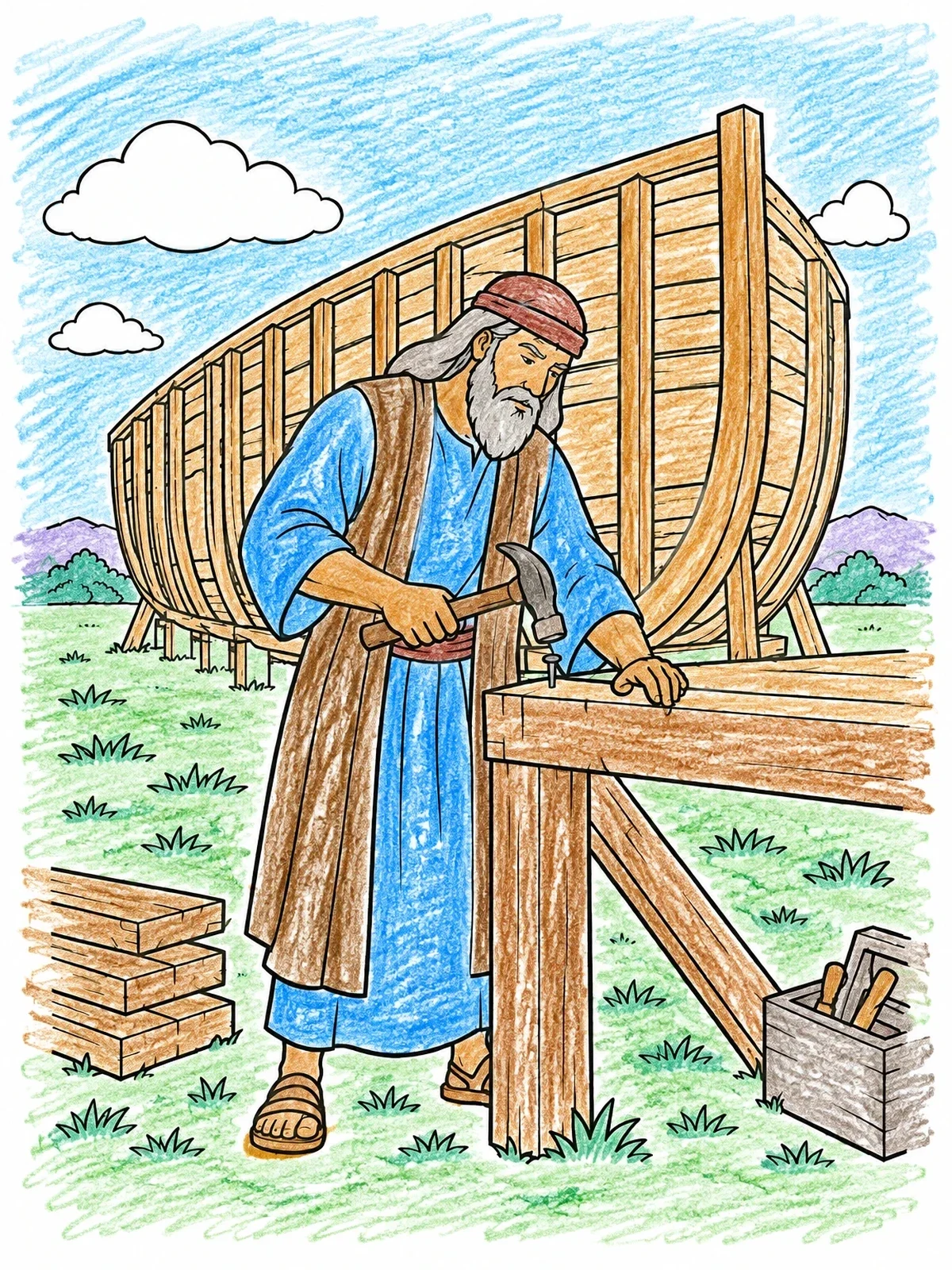 Colored example of the Noah Building The Wooden Ark coloring page