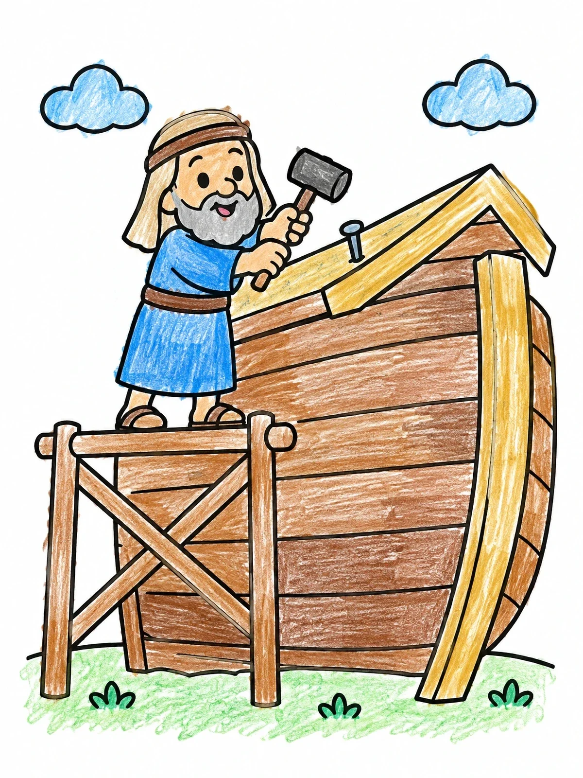 Colored example of the Noah Building The Wooden Ark coloring page