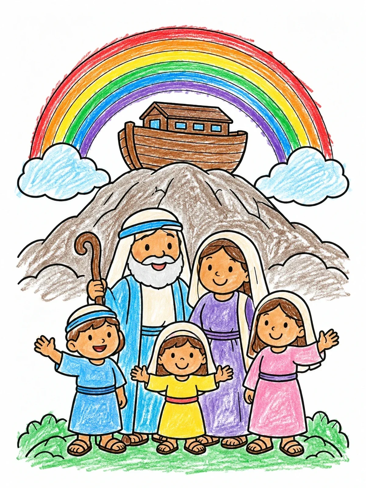 Colored example of the Noah And His Family At Mount Ararat coloring page